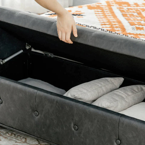 Rootz Bench - Elegant Design - With Storage Space - Elegant Imitation Leather Cover - Soft-close Hinges - Dark Grey - 139 x 49 x 68cm
