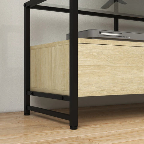 Rootz Tv Bench - Industrial Design - 3 Cabinets - 3 Open Shelves - Glass Top - Easy To Clean - Wood Material - Natural + Black - 148L x 40W x 47H cm