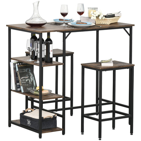 Rootz Bar Table Set - 2 Bar Stools - 3 Shelves - 3-Part - Brown - Black - Processed Wood - Steel