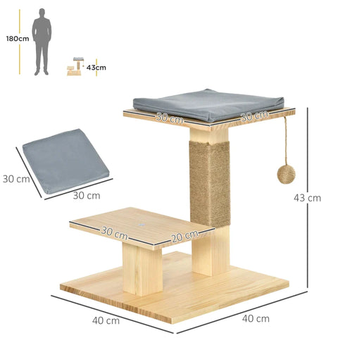 Rootz Wooden Scratching Post - Cat Tree - Climbing Tree With Jute - Cat Furniture - Scratching Board With Cushion - 2 Platforms - Stable Cat Toy - Natural - 40 x 40 x 43 cm