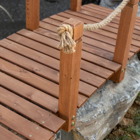 Rootz Garden Bridge - Wooden Bridge - Walkable Wooden Bridge - Pond Bridge - Ornamental Bridge With Railing Rope - Solid Wood - Brown - 152L x 67W x 50H cm