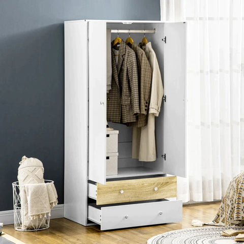 Rootz Wardrobe - Door Wardrobe - With Drawers And Hanging Rod - Particle Board - White/Oak - 80cm x 50cm x 180cm