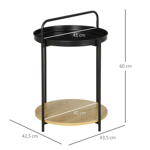 Rootz Side Table - Industrial Design - 2-in-1 Function Incl. Tray - Steel Pipe - Chipboard - Black + Natural - 43.5L x 42.5W x 60H cm