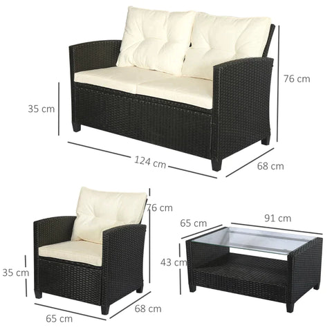 Rootz Sofa Set - Garden Furniture Set - Poly Rattan Seating Set - Double Sofa - Single Armchairs - Black- 124 x 68 x 76 cm