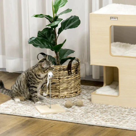 Rootz Cat House - Cat Cave - Cat Bin - 2 Tier Cat Cave - Inclusief speelgoed - Naturel/Lichtgrijs - 34cm x 34cm x 60cm