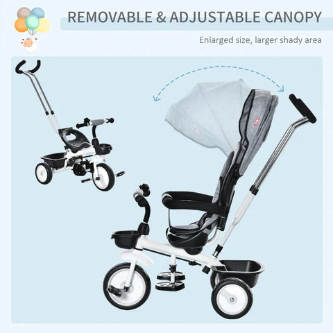 Rootz 2 In 1 Children's Tricycle - Jogger With Steering System - Rod Basket - Sun Canopy - Velvet Touch - Grey - 100 x 48 x 106 cm