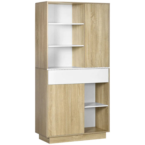 Rootz Kitchen Cabinet - Buffet Cabinet - 3 Adjustable Shelves - Drawer - White + Wood - 89 x 39.6 x 180 cm