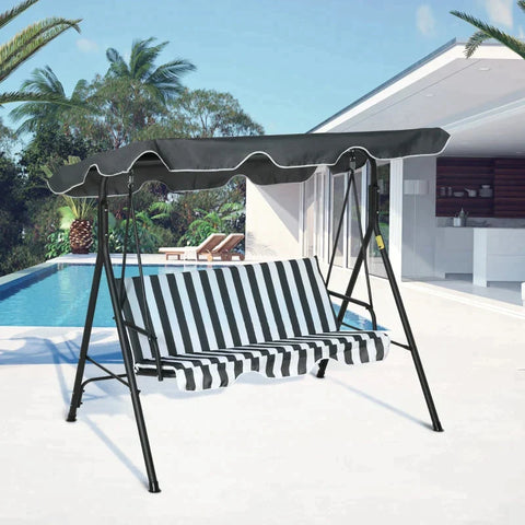Rootz Hollywoodschaukel – Gartenschaukel – Schaukelbank – 3-Sitzer mit Dach – Stahl – Grau + Weiß – 172 x 110 x 153 cm