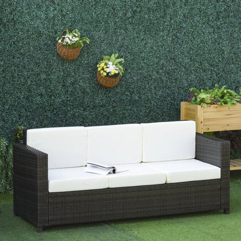 Rootz Poly Rattan Sofa - Rattan Sofa with Cushions - 3 Seater - Garden Lounge Sofa - Metal - Polyester - Brown/White - 185 x 70 x 80 cm
