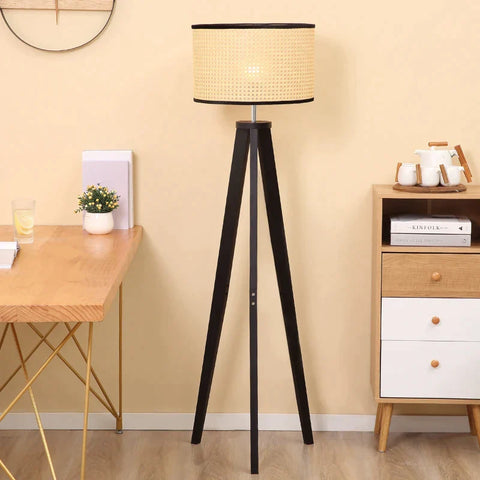 Rootz Floor Lamp - Tripod Floor Lamp - Modern Floor Lamp With E27 Socket - Wooden Base For Bedroom Office Living Room - Black + Gold - 45 x 45 x 147 cm