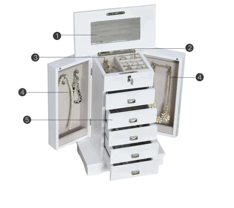 Rootz Jewelry Box - Jewelry Cabinet - Jewelry Chest Of Drawers With Mirror - Storage Cabinet With Drawers - Jewelry Box With Handle - White - 25x14x34.5cm