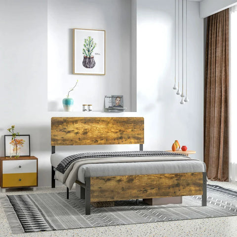 Rootz Bed Frame In Industrial Design - Black Steel Frame - Head And Footboard - Wood Look - Chipboard - Rustic Brown + Black - 149 x 207 x 104 cm