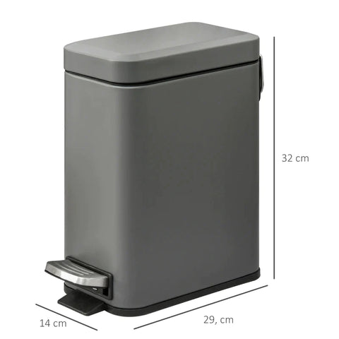 Rootz Rectangular Compact - Bin Steel Body - Removable Bucket - Quiet-close - Lid W/ Pedal Lid Rubbish - Bathroom Living Room - Garbage Tidy - Grey - 29.2L x 14W x 32H cm