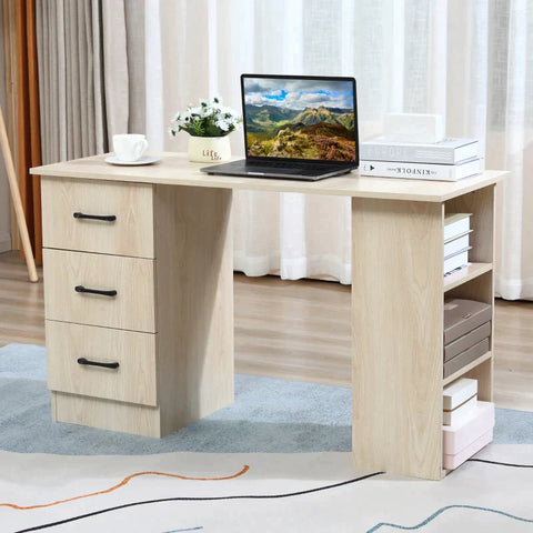 Rootz Computer Desk - Desk - Computer Table - Office Table - Work Table - Shelf With 3 Drawers - Chipboard - Natural - 120 x 49 x 72 cm