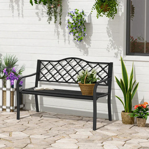 Rootz Garden Bench - 2-Seater Garden Bench - Metal - Black - 128 x 58.5 x 89 cm