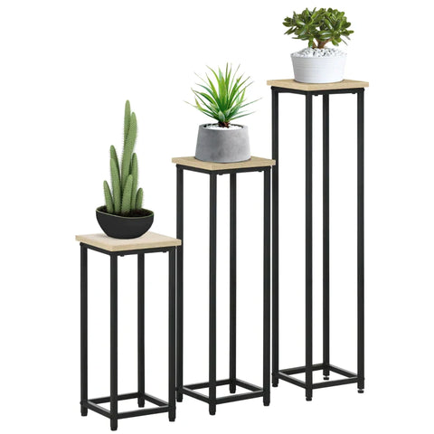 Rootz Plant Stands - Flower Stand - 3-delige Plant Stand Set - Stapelbaar Ruimtebesparend - Staal - Bruin/Zwart - 21cm x 21cm x 50/70/90cm
