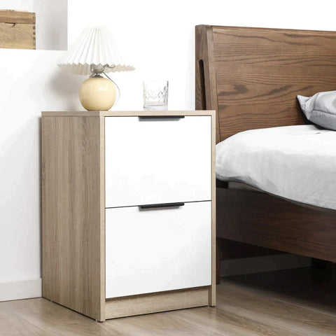 Rootz Bedside Table - With 2 Drawers - Bedroom - Living Room - Natural And White - 40 cm x 40 cm x 60 cm