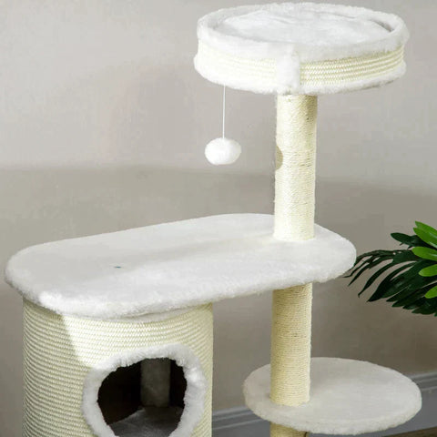 Rootz Scratching Post - With Scratch Barrel - 1 Cat Bed and Cat Toy - Off-White - 59cm x 35cm x 100cm