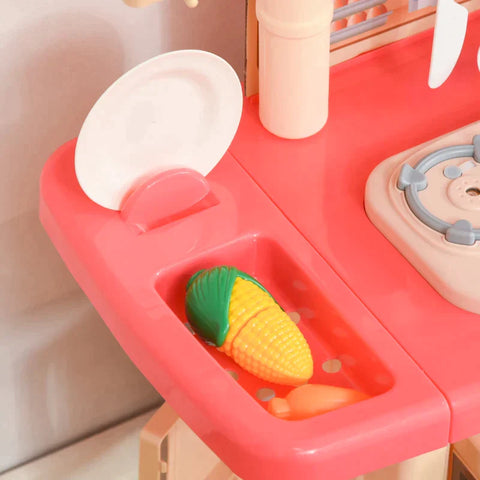 Rootz Children's Kitchen with Accessories - Play Kitchen - Kitchen Toys - Misting Water Spray - Lights - Music Functions Toy Set - Pink/Beige - 60 x 27 x 84 cm