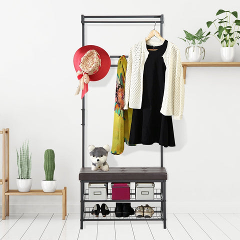 Rootz Wardrobe Rack - Coat Rack - Shoe Bench - Shoe Rack - 1 Hanging Rod - 5 Hooks - Metal - Faux Leather - Black - Brown
