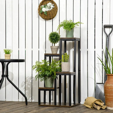 Rootz Flower Stand - Plant Stand - Flower Display Plants - 4 Tier Plant Stand - Spaanplaat/Staal - Bruin - 40cm x 40cm x 81cm