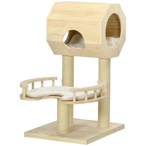 Rootz Scratching Post - Cat House - Three Scratching Posts - Cat Tree - With Lounger - Washable Lounger Cushions - Pine Wood - Natural Wood - 59.5 x 59.5 x 92cm