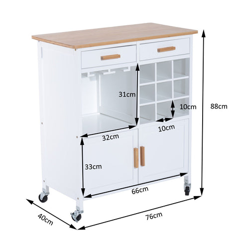 Rootz Kitchen trolley - Kitchen trolley - Serving trolley - Wine rack - French doors - Drawers - On wheels - White - Brown