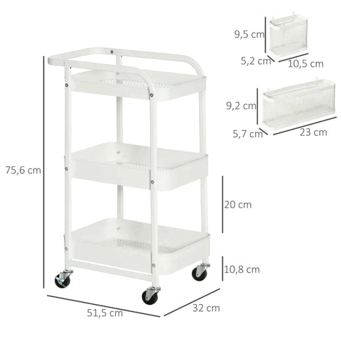 Rootz Kitchen Trolley - Trolley - With 3 Shelves And Side Panel - Steel/PP - White - 51.5 x 32 x 75.6 cm