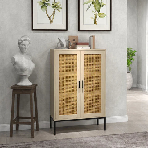 Rootz Sideboard - Boho Style - Viennese Weave Look - 2 Adjustable Shelves - Charming Rattan Doors - Chest Of Drawers - Chipboard - Oak - 76W x 35D x 120Hcm