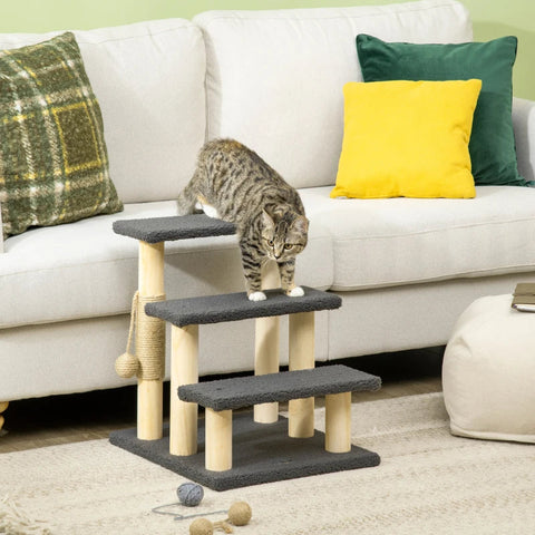Rootz Scratching Post - Cat Tree - 3-layer Kitty Ladder - Cat Climbing Toy - Cat Tower - With Ball Toy - Grey - 45 x 40 x 48cm