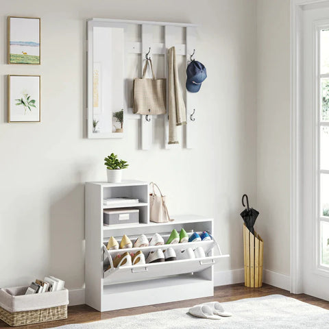 Rootz Wardrobe Set With Mirror - Shoe Cabinet - Bench - 6 Double Hooks - High-gloss Surface - High-gloss - White - 85L x 24W x 80H cm