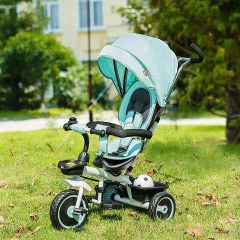 Rootz 2 In 1 Children's Tricycle - Jogger With Steering System - Rod Basket - Sun Canopy - Velvet Touch - Green - 100 x 48 x 106 cm
