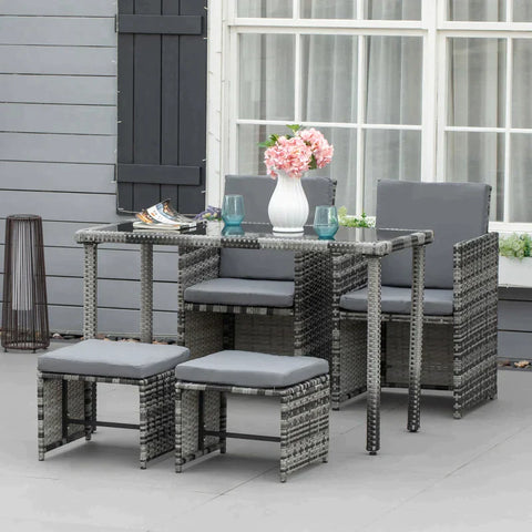 Rootz Poly Rattan Seating Group - Dining Set - Garden Set - 5 Pieces With Cushions - Grey - 120L x 60W x 72H cm