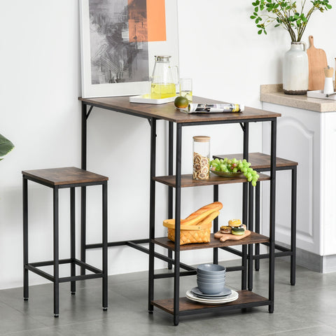 Rootz Bar Table Set - 2 Bar Stools - 3 Shelves - 3-Part - Brown - Black - Processed Wood - Steel