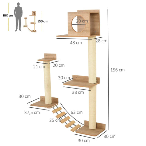 Rootz Wall Scratching Tree - Cat Tree - Climbing Tree for Cats - Multi-Level with Ladder Pilaster - Yellow - 156 cm