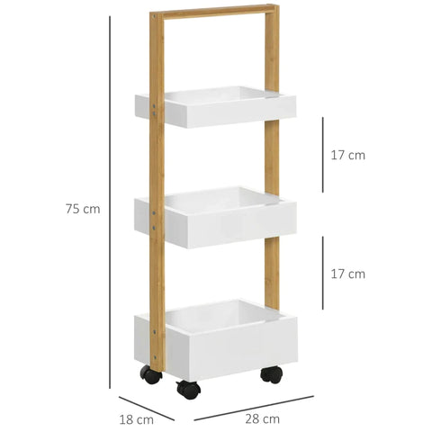 Rootz Rollable Shelf With 3 Storage Baskets - Bamboo Frame - 4 Wheels - Serving Trolley - MDF - White + Natural - 28 x 18 x 75 cm