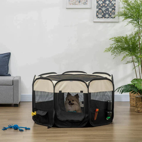 Rootz Carry Bag - Outdoor Enclosure - Puppy Run - Foldable - Cover and Floor Tarpaulin - Steel Frame - Cream White + Black - 118 x 118 x 62 cm