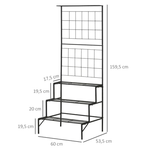 Rootz Plantenrek - Plantenrek met 3 Lagen en Trellis - Metaal - Zwart - 60 x 53,5 x 159,5 cm