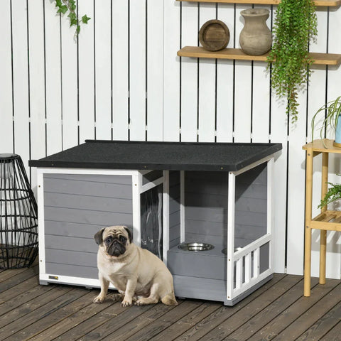 Rootz Solid Wood Dog Kennel - with 2 Feeding Bowls - Porch - Weather Resistant - Gray + White - 103cm x 62cm x 66cm