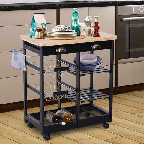Rootz Keukentrolley - Keukentrolley - Serveerwagen - Wijnrek - Op wielen - MDF - Hout - Zwart - Naturel - 74 x 37 x 76 cm