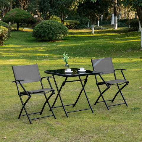 Rootz Foldable 3-piece Seating Group - Garden Table Set - Balcony Set - Balcony Furniture - 1 Table + 2 Chairs - Garden Furniture Set - Seating Set - Metal - Mesh Black + Grey - 60L x 60W x 70H cm