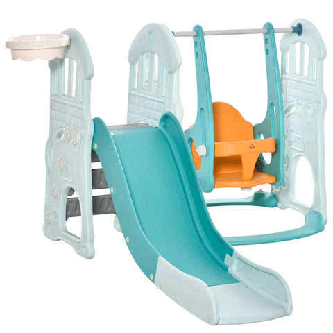 Rootz 3-in-1 glijbaan- en schommelset voor kinderen - Play Station - schommel en basketbalring - binnen - buiten - blauw/groen/geel - 149 x 186 x 98 cm