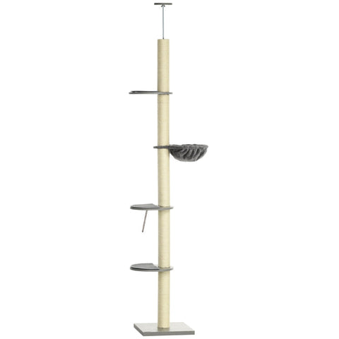Rootz Scratching Post With Hammock - Incl. Ceiling Tensioner - Ceiling Height - Gray + Creamy White - 40 cm x 40 mx 250 cm