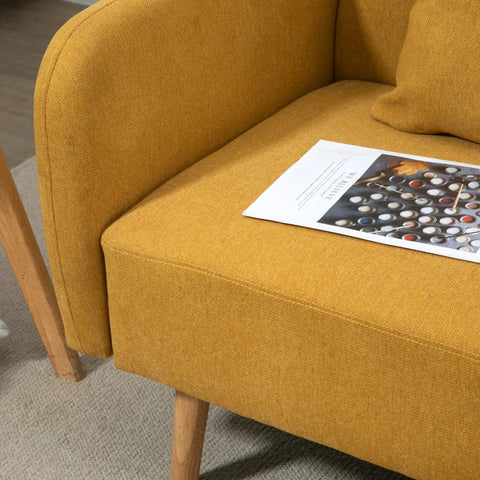 Rootz Double Sofa - Upholstery With Cushions - Compact Design - Two-seater - Adjustable Height Of The Footrests - Velvety Polyester - Rubber Wood - Foam - Yellow + Natural - 130 x 70 x 80 cm