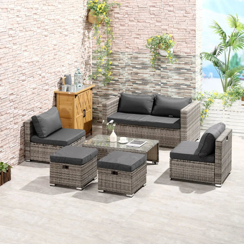 Rootz Rattan Look Sofa Set - 6-piece Rattan Look Sofa Set - Seating Set - Seating Group Set - Metal/PE Rattan/Polyester - Grey