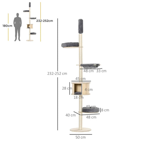 Rootz Krabpaal - Krabpaal - Klimboom voor hoog plafond - Houten kattengrot - Sisal pluche - In hoogte verstelbaar - Grijs - 50 x 50 x 232-252 cm