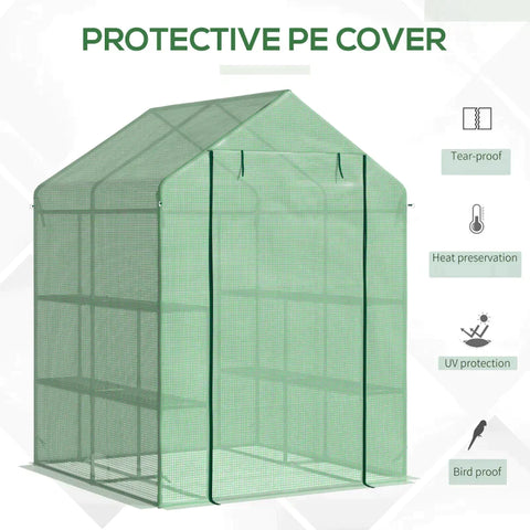 Rootz Foil Greenhouse - Walk-in Greenhouse With 8 Shelves - Tomato Greenhouse - Cold Frame With Door - Steel - PE Plastic - Green - 143 x 138 x 195 cm