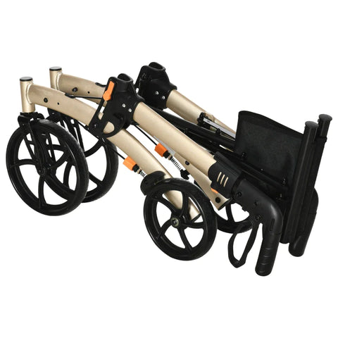 Rootz Rollator Met Stoel - Opvouwbare Walker - Loophulp Voor Senioren Met 4 Wielen - Opbergruimte - In Hoogte Verstelbare Rem - Lichtgewicht - Aluminium - Goud + Grijs - 67 x 64 x 80-92 cm