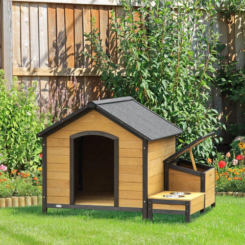 Rootz hondenkennel - houten hondenhok - hondenhok - knaagdierhuis - met 2 hondenbakken - weerbestendige hut - dennenhout - natuurlijk hout - 130 x 93 x 92 cm
