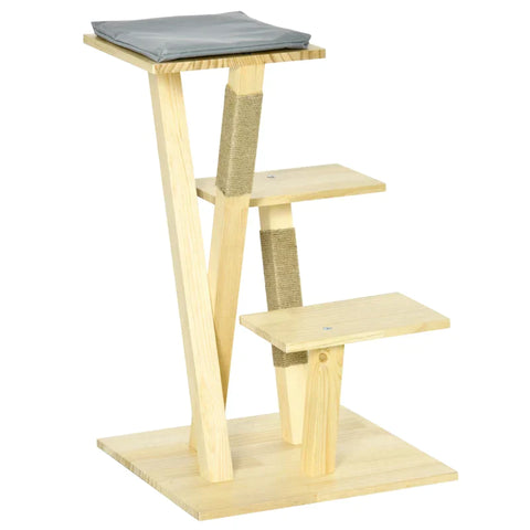 Rootz krabpaal - houten krabpaal - krabpaal - klimboom met jute - kattenmeubel - krabplank met kussen - 3 plateaus - stabiel kattenspeelgoed - naturel - 48 x 48 x 78 cm